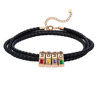 Bracelet en Cuir Personnalisé avec Perles Gravées et Pierre de Naissance