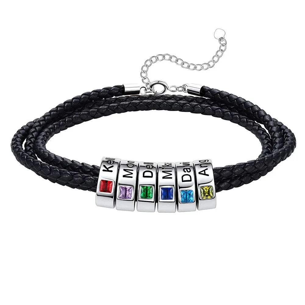 Bracelet en Cuir Personnalisé avec Perles Gravées et Pierre de Naissance