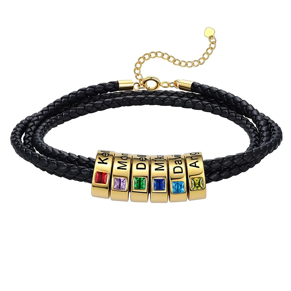 Bracelet en Cuir Personnalisé avec Perles Gravées et Pierre de Naissance