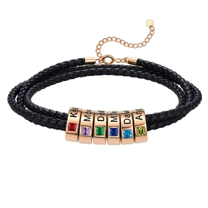 Bracelet en Cuir Personnalisé avec Perles Gravées et Pierre de Naissance