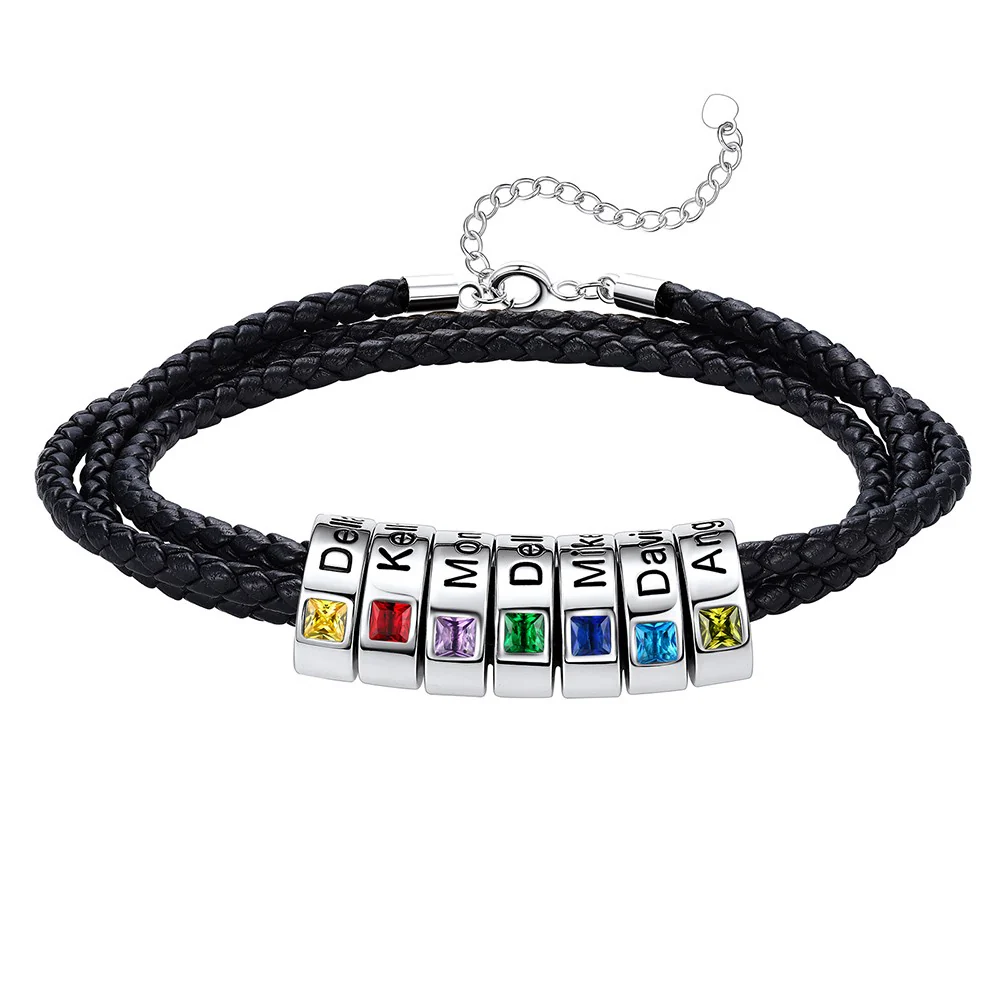 Bracelet en Cuir Personnalisé avec Perles Gravées et Pierre de Naissance
