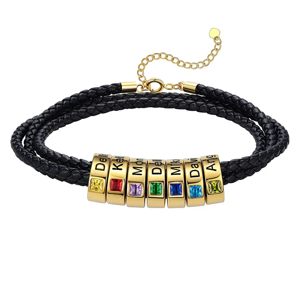 Bracelet en Cuir Personnalisé avec Perles Gravées et Pierre de Naissance