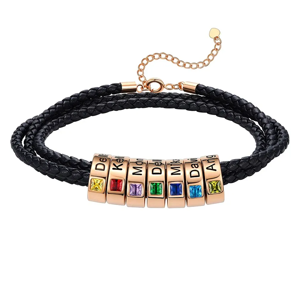 Bracelet en Cuir Personnalisé avec Perles Gravées et Pierre de Naissance