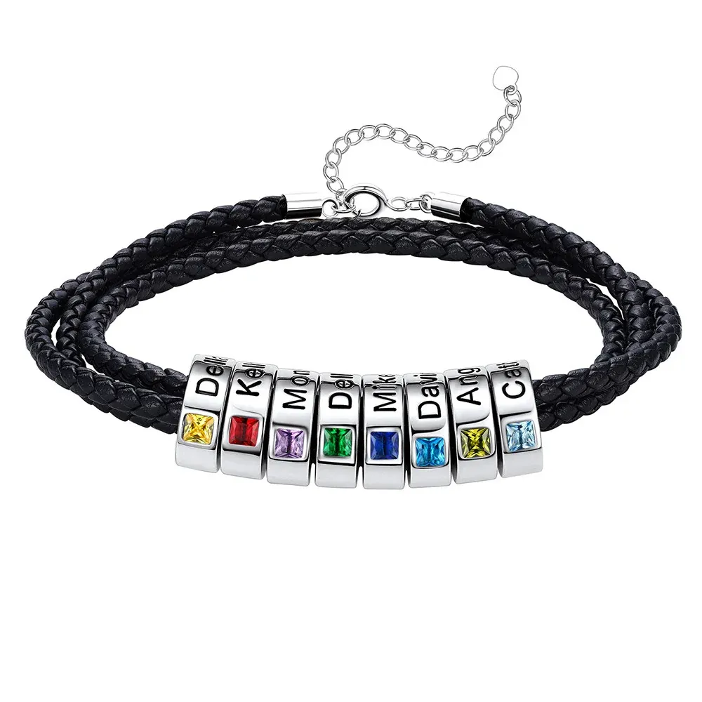 Bracelet en Cuir Personnalisé avec Perles Gravées et Pierre de Naissance