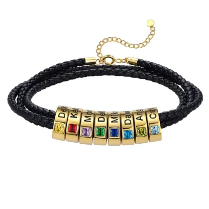 Bracelet en Cuir Personnalisé avec Perles Gravées et Pierre de Naissance