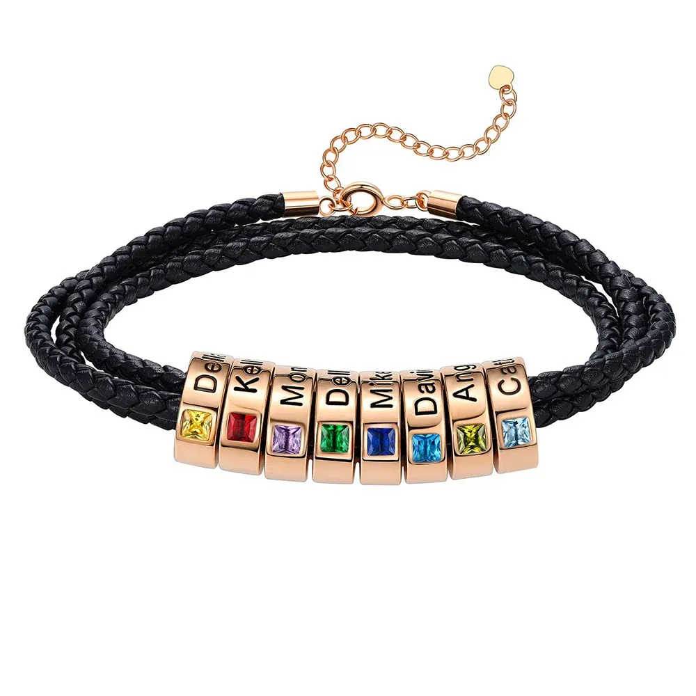 Bracelet en Cuir Personnalisé avec Perles Gravées et Pierre de Naissance