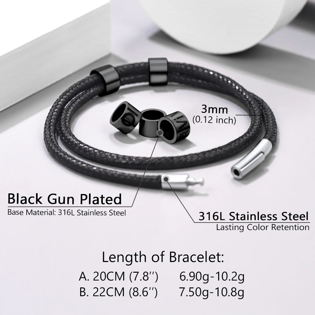 Bracelet en Cuir Personnalisé avec Perles Gravées taille en acier inoxydable