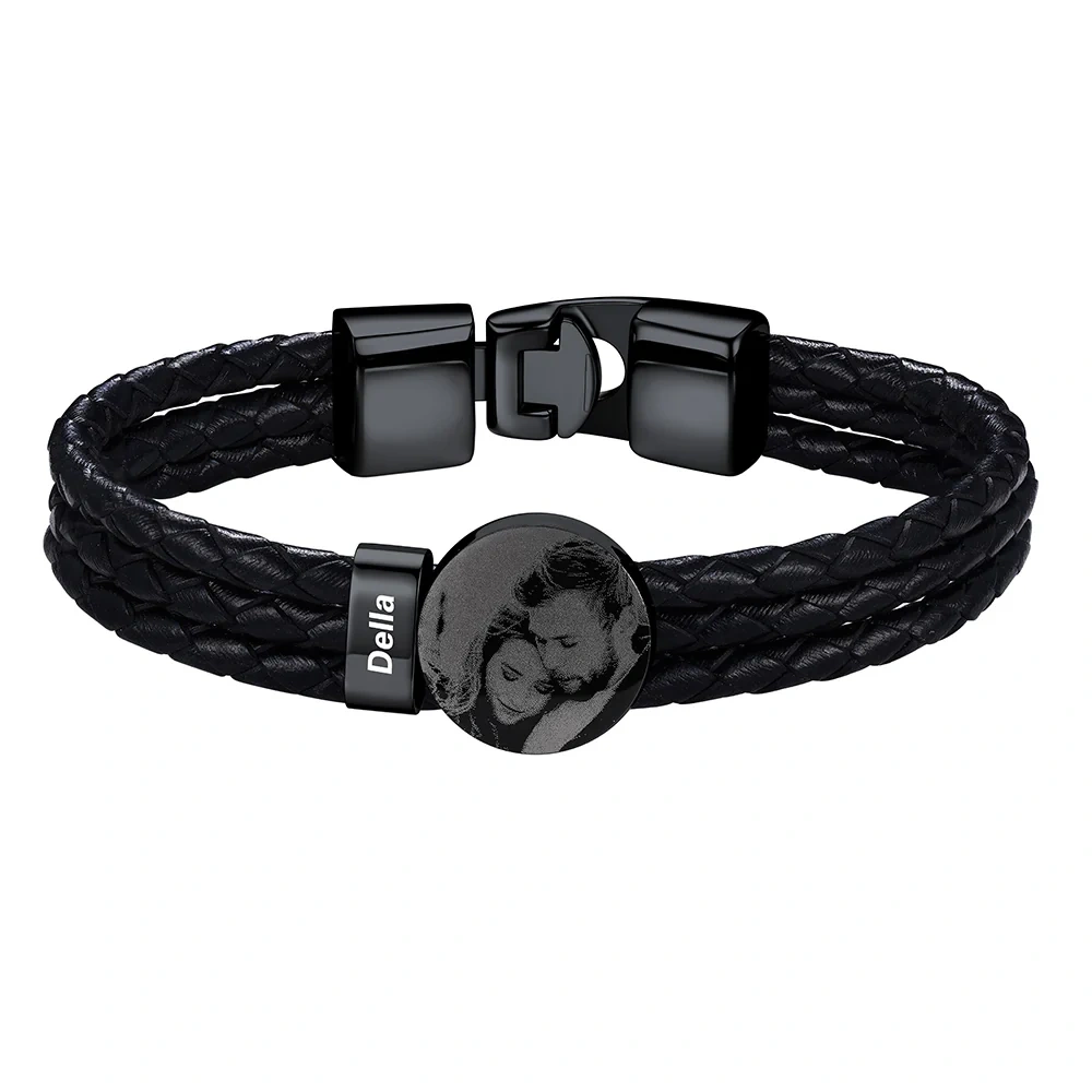 Bracelet noir Photo Personnalisé en Cuir avec 1 Perles Gravées