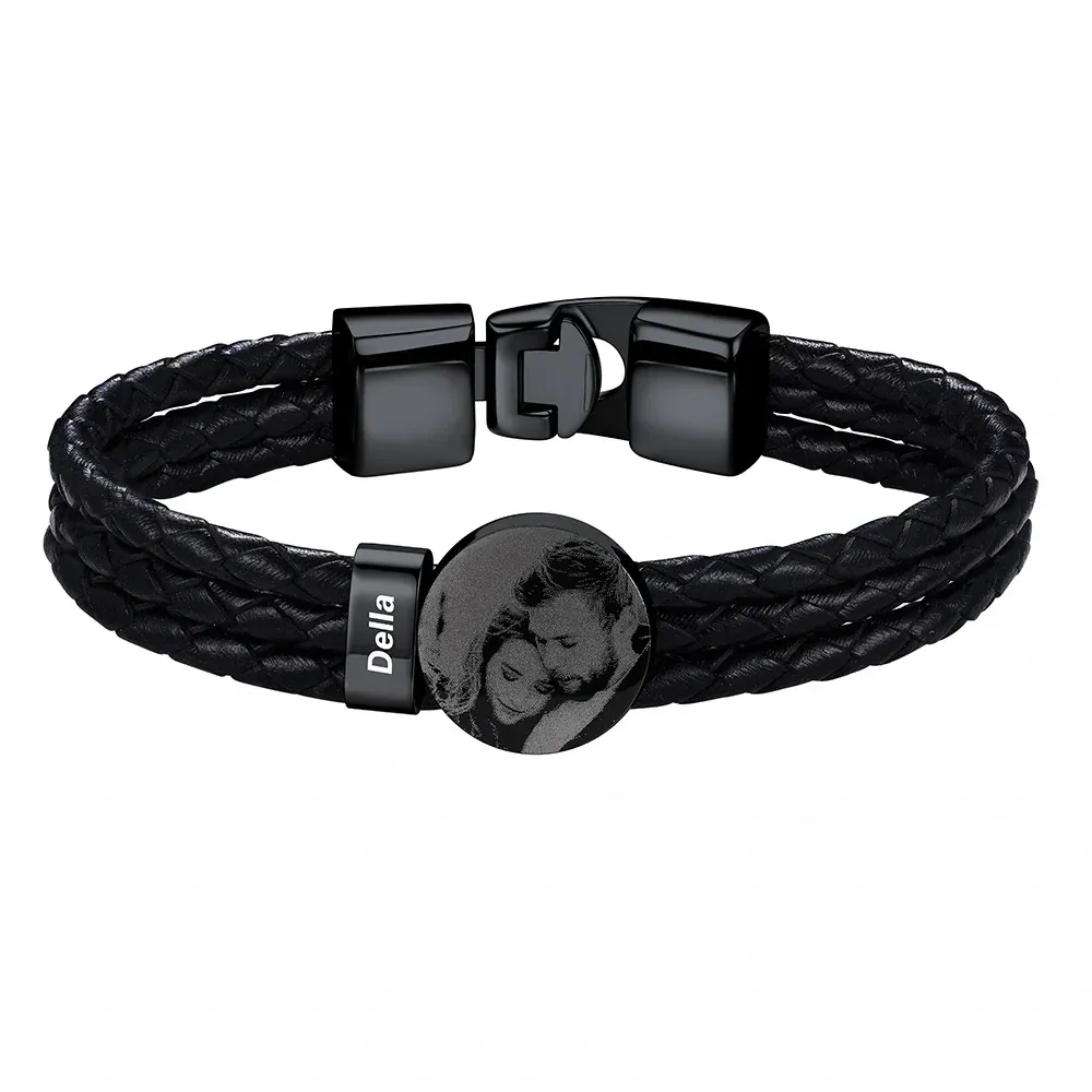 Bracelet noir Photo Personnalisé en Cuir avec 1 Perles Gravées