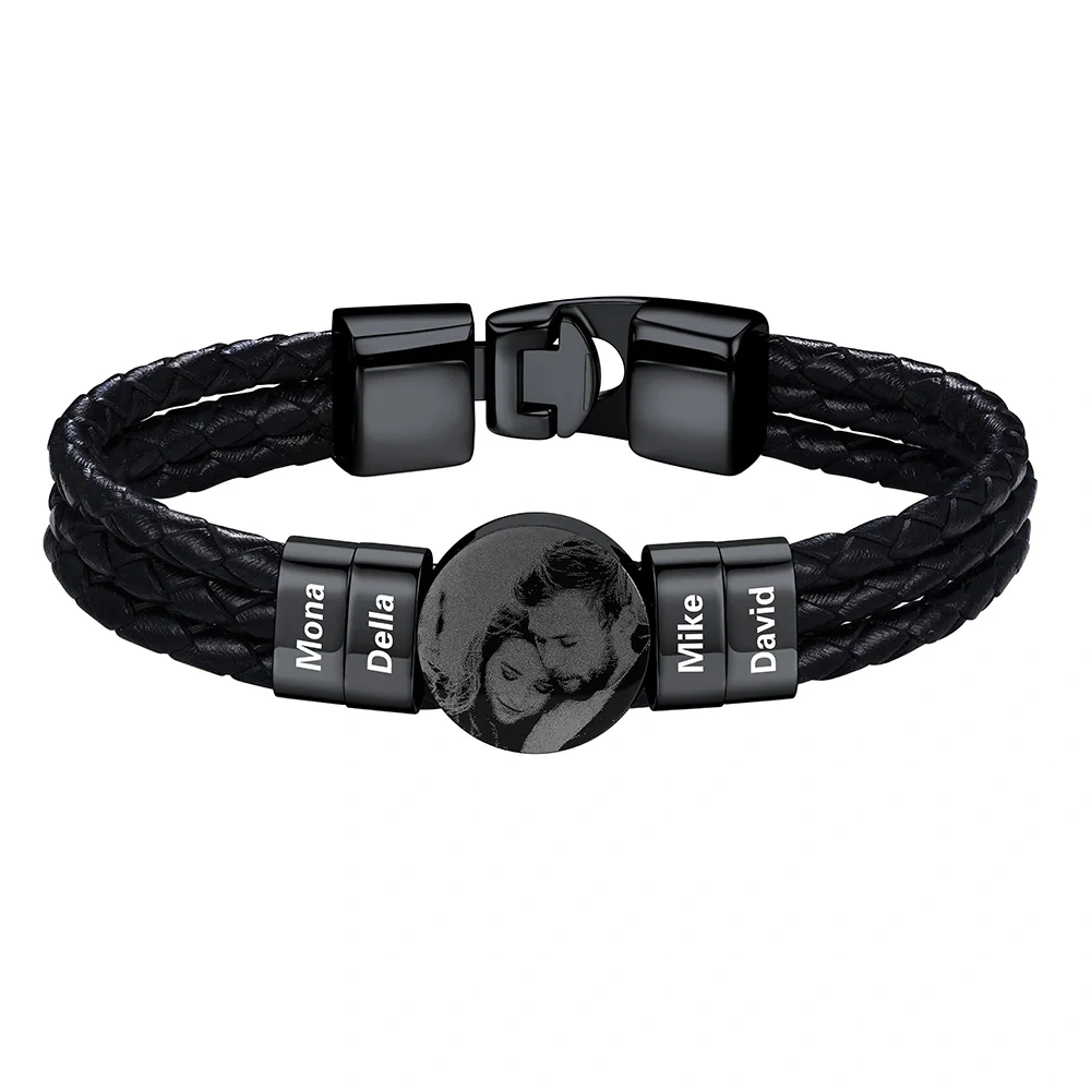 Bracelet noir Photo Personnalisé en Cuir avec 4 Perles Gravées