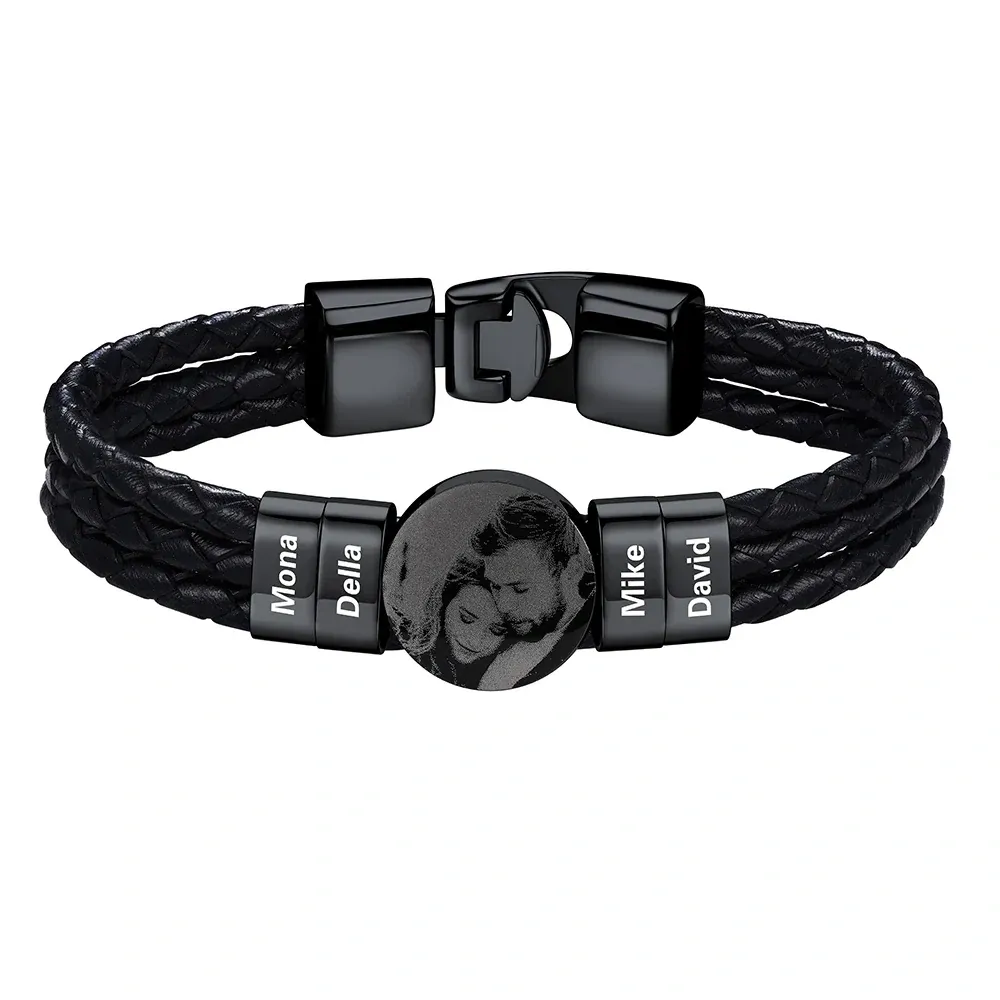 Bracelet noir Photo Personnalisé en Cuir avec 4 Perles Gravées