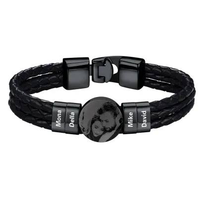 Bracelet noir Photo Personnalisé en Cuir avec 4 Perles Gravées