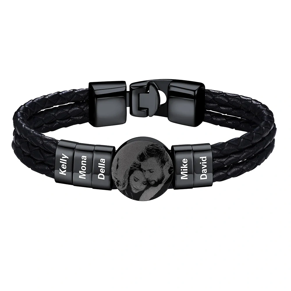 Bracelet noir Photo Personnalisé en Cuir avec 5 Perles Gravées