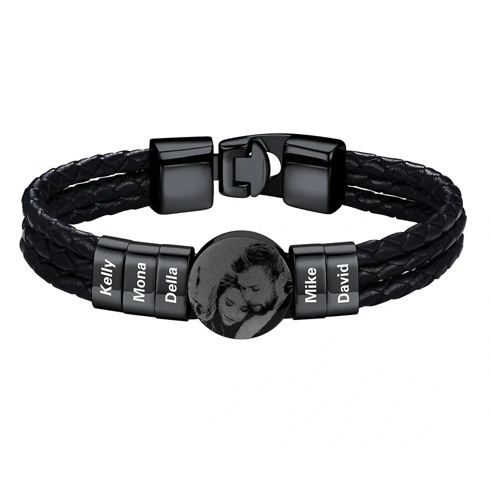 Bracelet noir Photo Personnalisé en Cuir avec 5 Perles Gravées