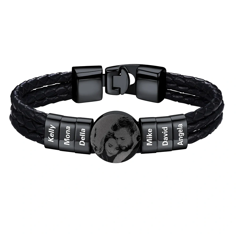 Bracelet noir Photo Personnalisé en Cuir avec 6 Perles Gravées
