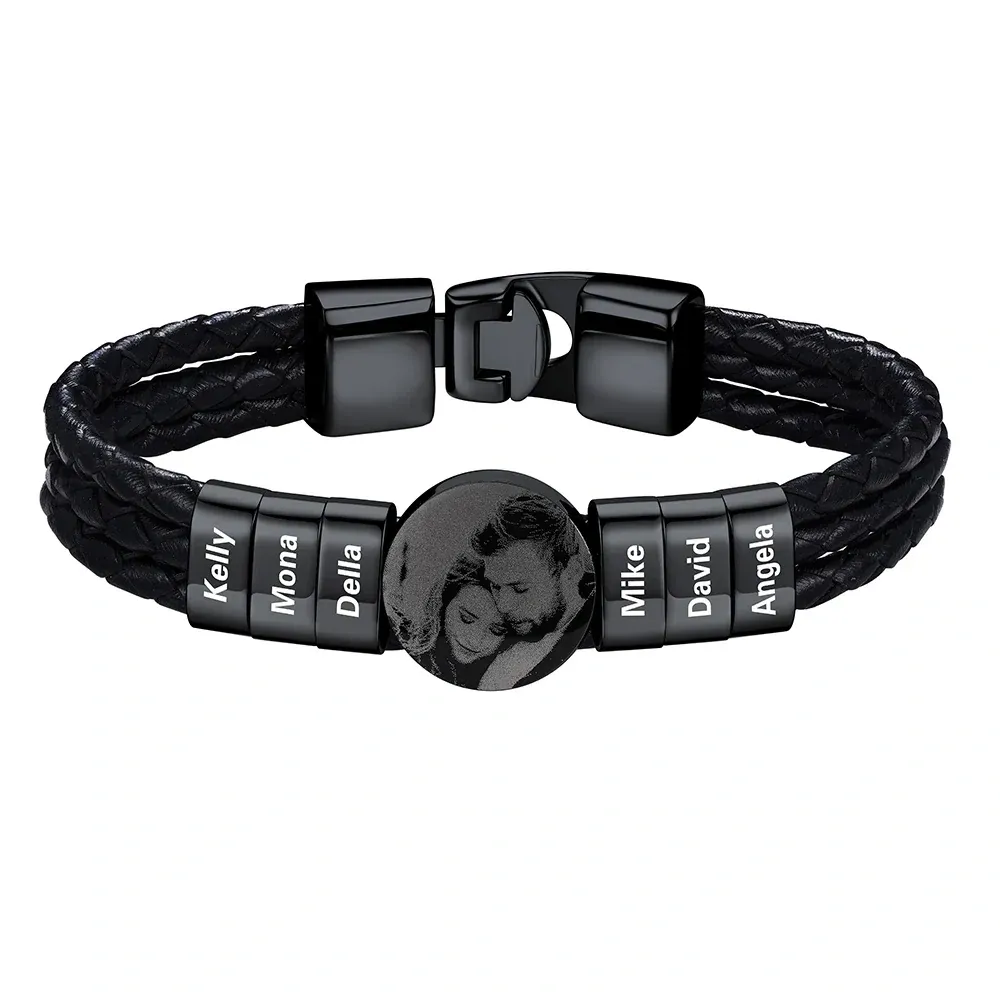 Bracelet noir Photo Personnalisé en Cuir avec 6 Perles Gravées