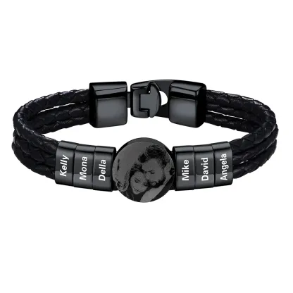 Bracelet noir Photo Personnalisé en Cuir avec 6 Perles Gravées