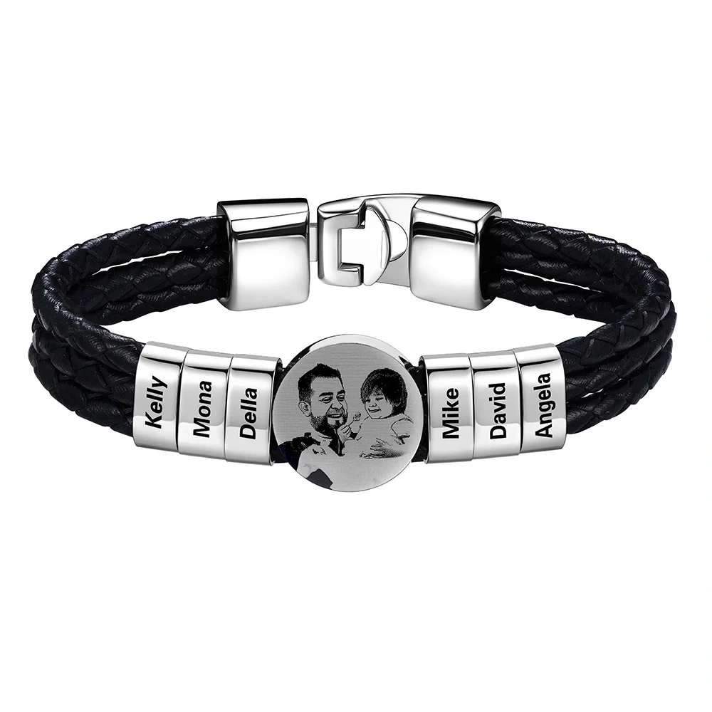 Bracelet Photo Personnalisé en Cuir avec 6 Perles Gravées