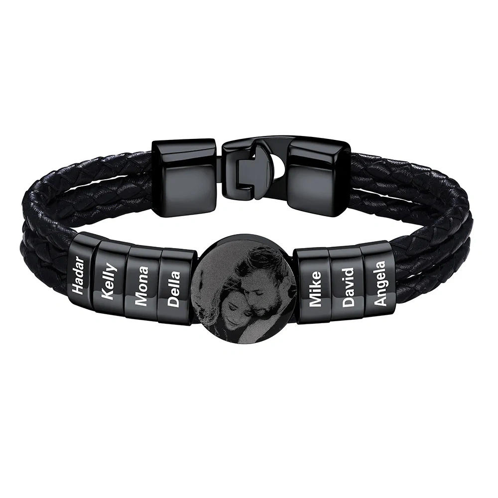 Bracelet noir Photo Personnalisé en Cuir avec 7 Perles Gravées