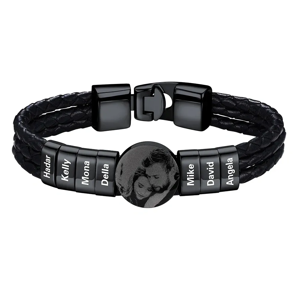 Bracelet noir Photo Personnalisé en Cuir avec 7 Perles Gravées