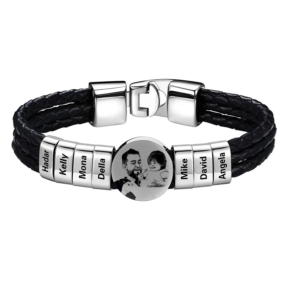 Bracelet Photo Personnalisé en Cuir avec 7 Perles Gravées