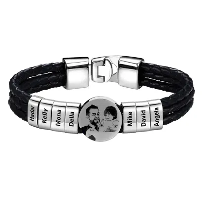Bracelet Photo Personnalisé en Cuir avec 7 Perles Gravées