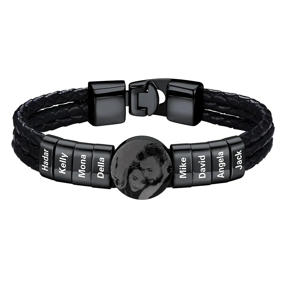 Bracelet noir Photo Personnalisé en Cuir avec 8 Perles Gravées