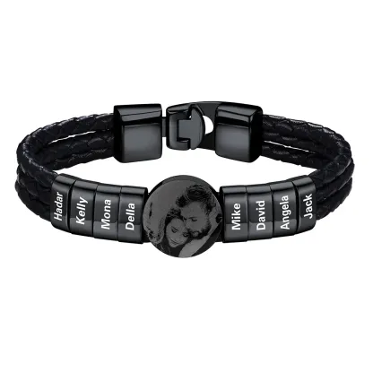 Bracelet noir Photo Personnalisé en Cuir avec 8 Perles Gravées