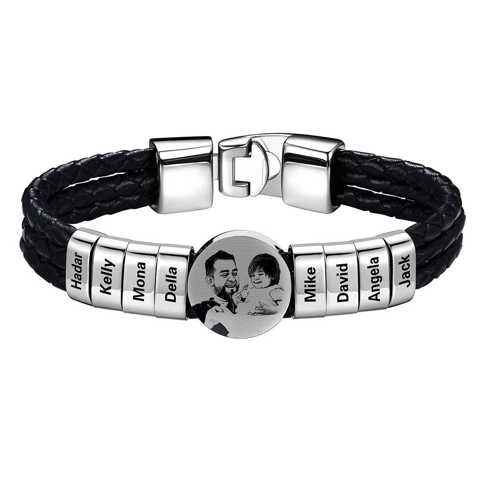 Bracelet Photo Personnalisé en Cuir avec 8 Perles Gravées