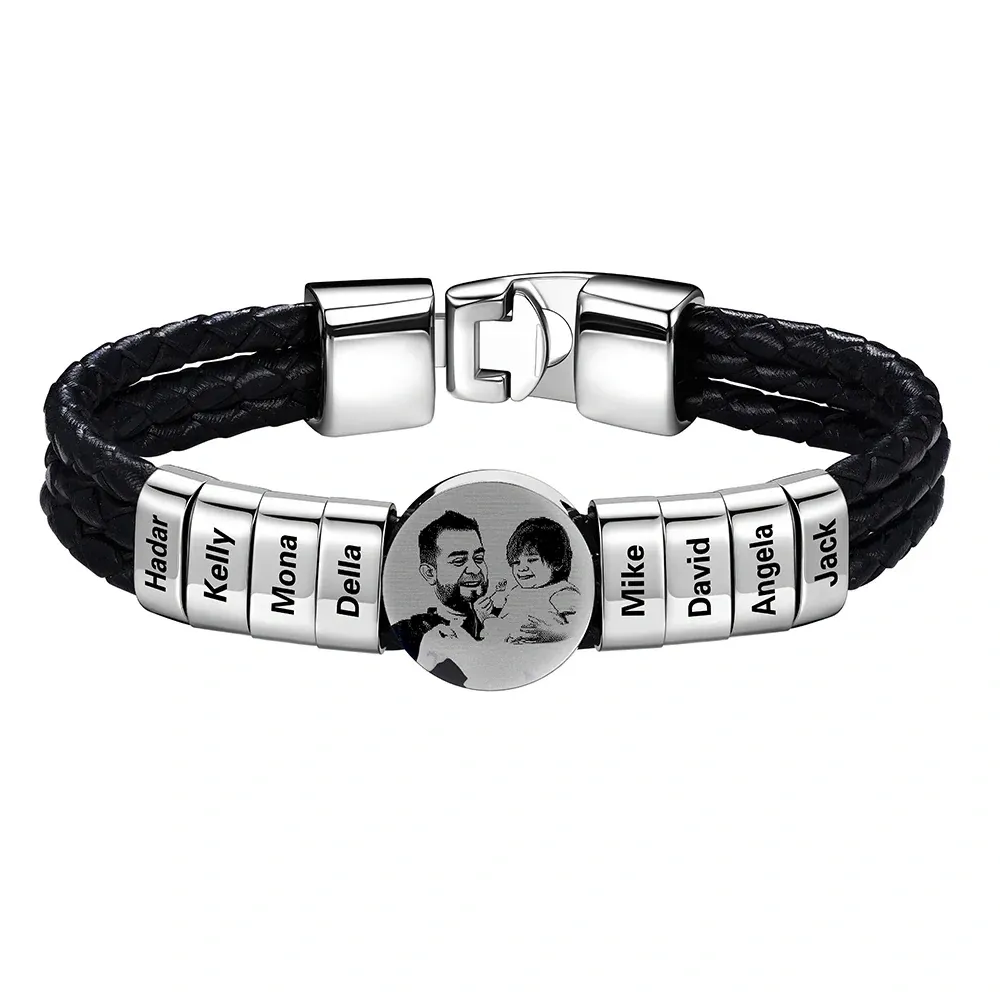 Bracelet Photo Personnalisé en Cuir avec 8 Perles Gravées