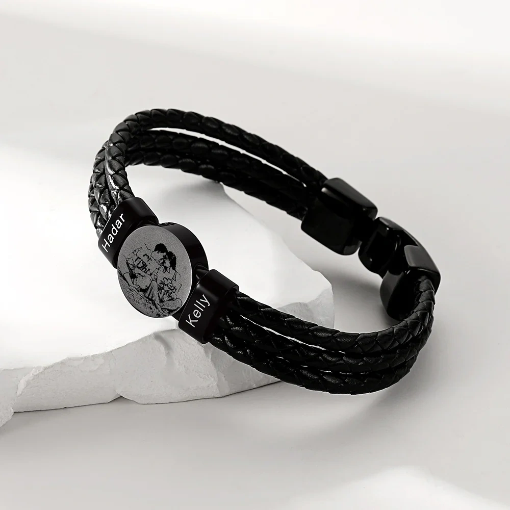 Bracelet Photo Personnalisé en Cuir avec Perles noir