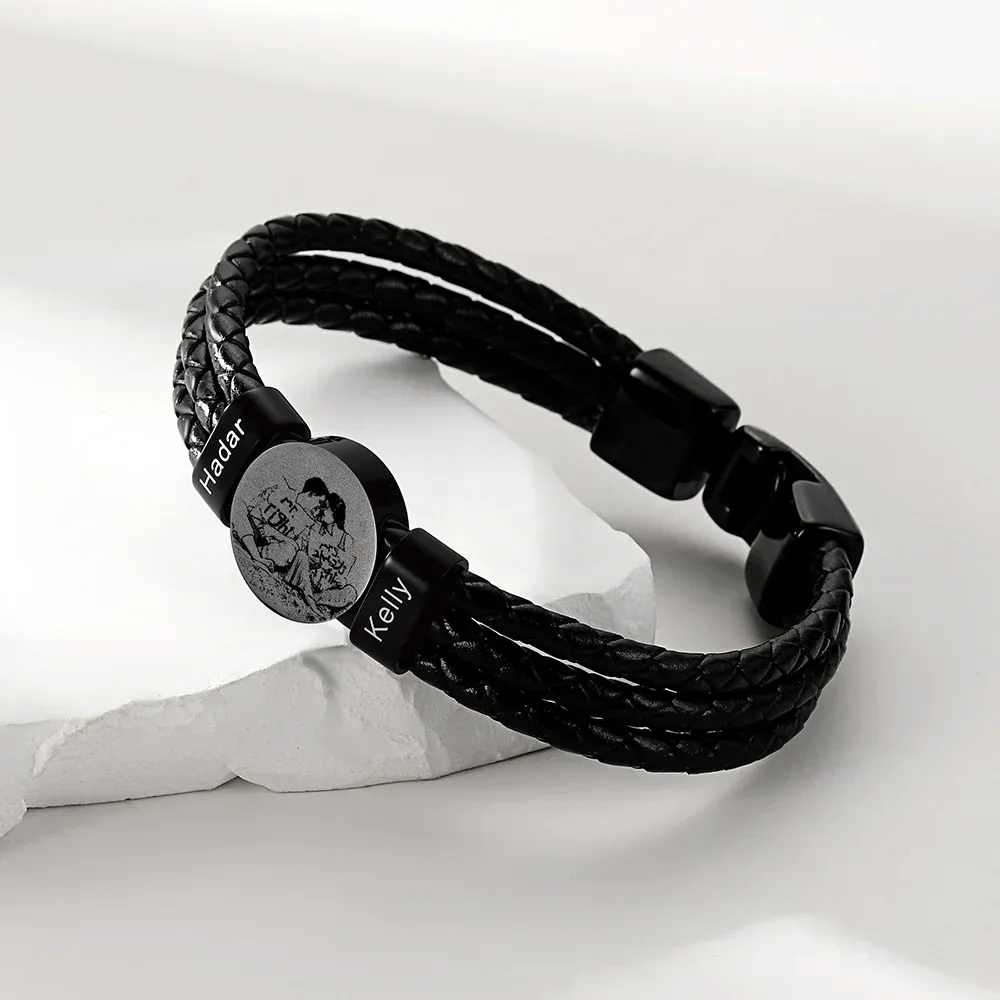 Bracelet Photo Personnalisé en Cuir avec Perles noir