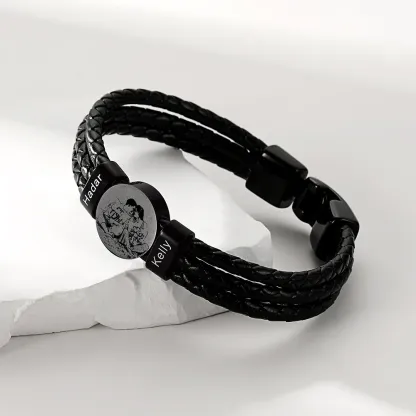 Bracelet Photo Personnalisé en Cuir avec Perles noir