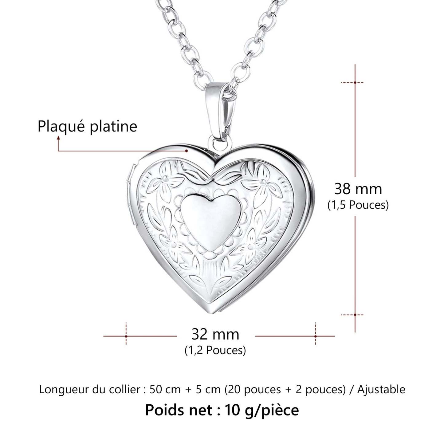 Collier Pendentif Personnalisé avec Photo Cœur Fleur Médaillon Taille 