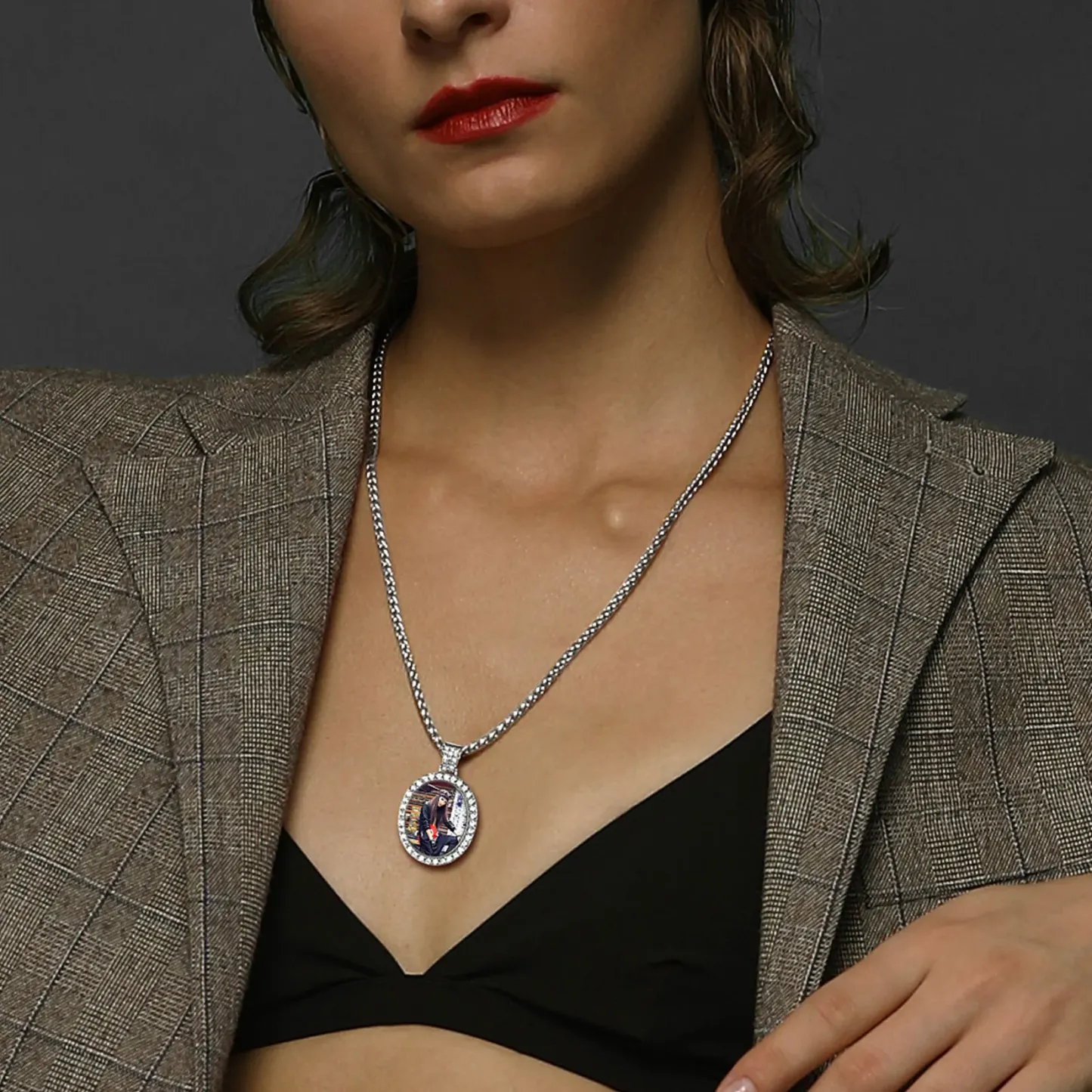 Collier Pendentif Ovale Personnalisé avec Photo pour Femmes
