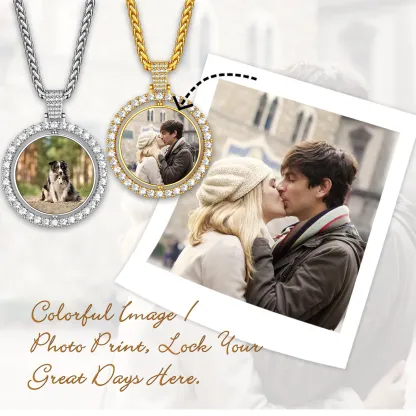 Collier Photo Rond Personnalisé Rotatif avec Zircon Cubique pour Couples