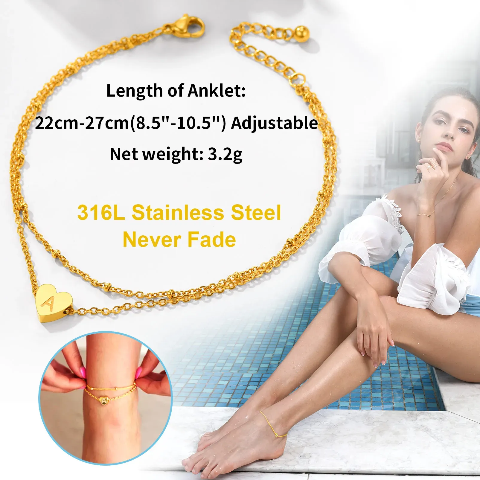 Bracelet  de Cheville Cœur Initiale Acier Inoxydable 