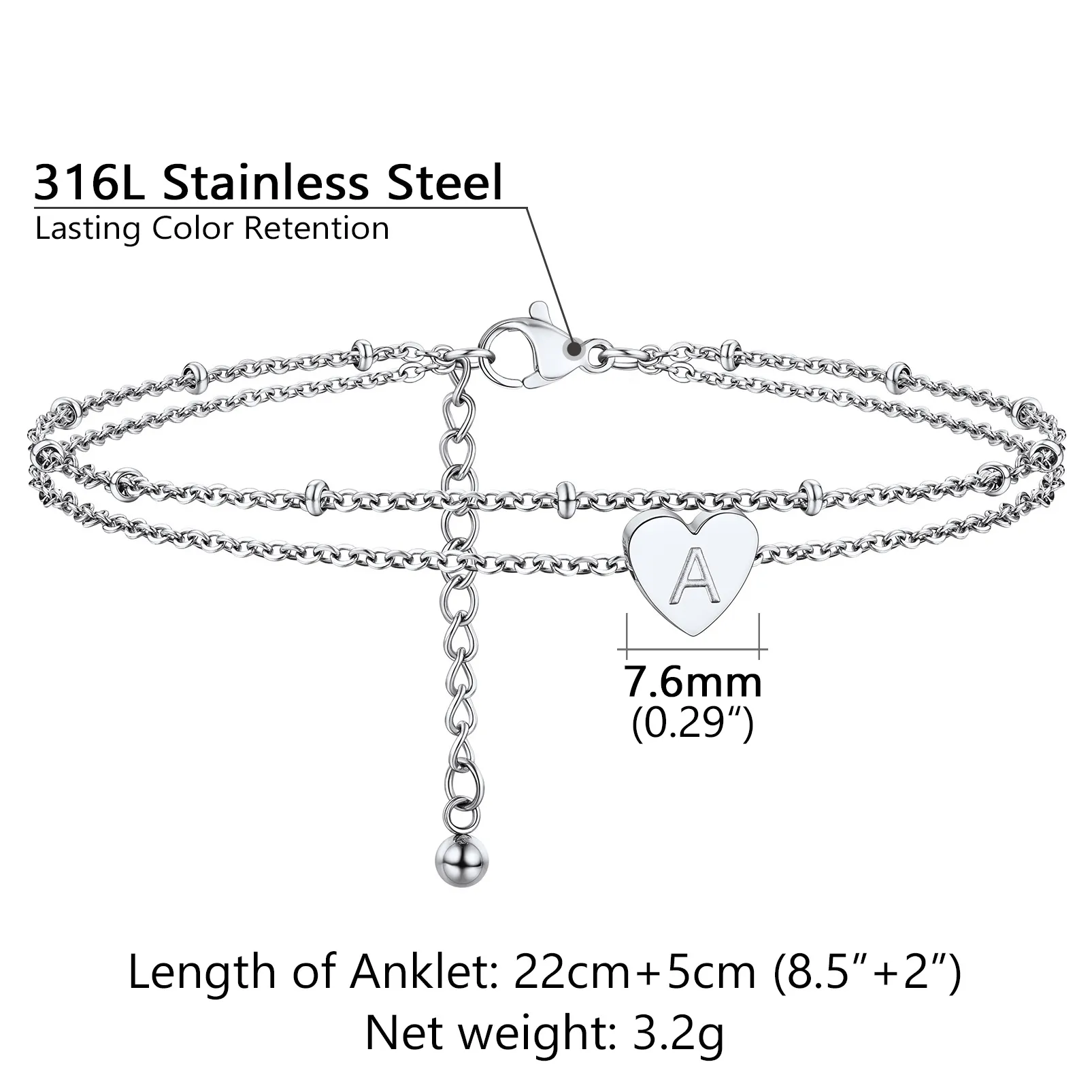 Bracelet de Cheville Cœur Initiale Acier Inoxydable pour Femme taille