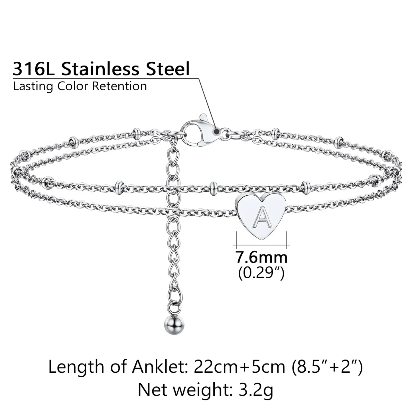 Bracelet de Cheville Cœur Initiale Acier Inoxydable pour Femme taille
