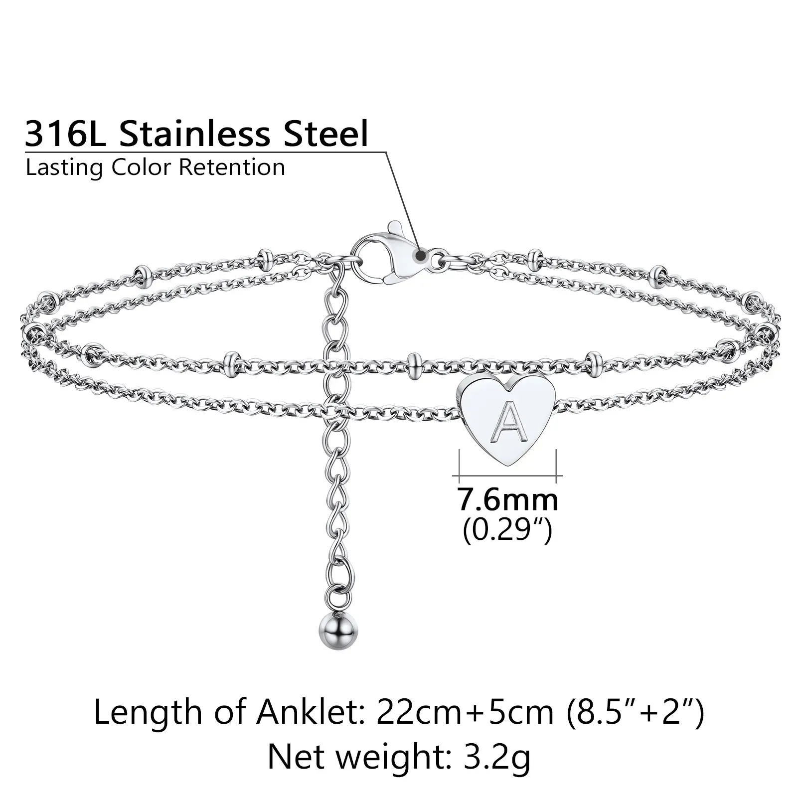 Bracelet de Cheville Cœur Initiale Acier Inoxydable pour Femme taille