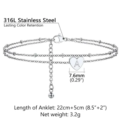Bracelet de Cheville Cœur Initiale Acier Inoxydable pour Femme taille
