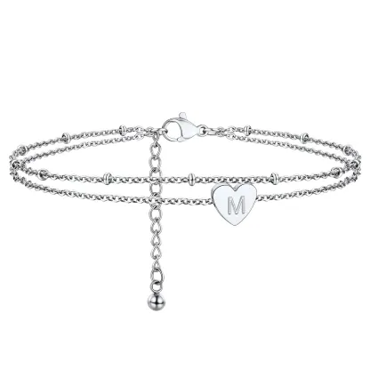 Bracelet de Cheville Cœur Initiale Acier Inoxydable pour Femme