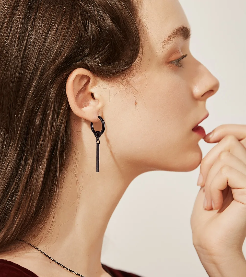 Boucles d'Oreilles Pendantes Barres en Acier Inoxydable Modèle Noir