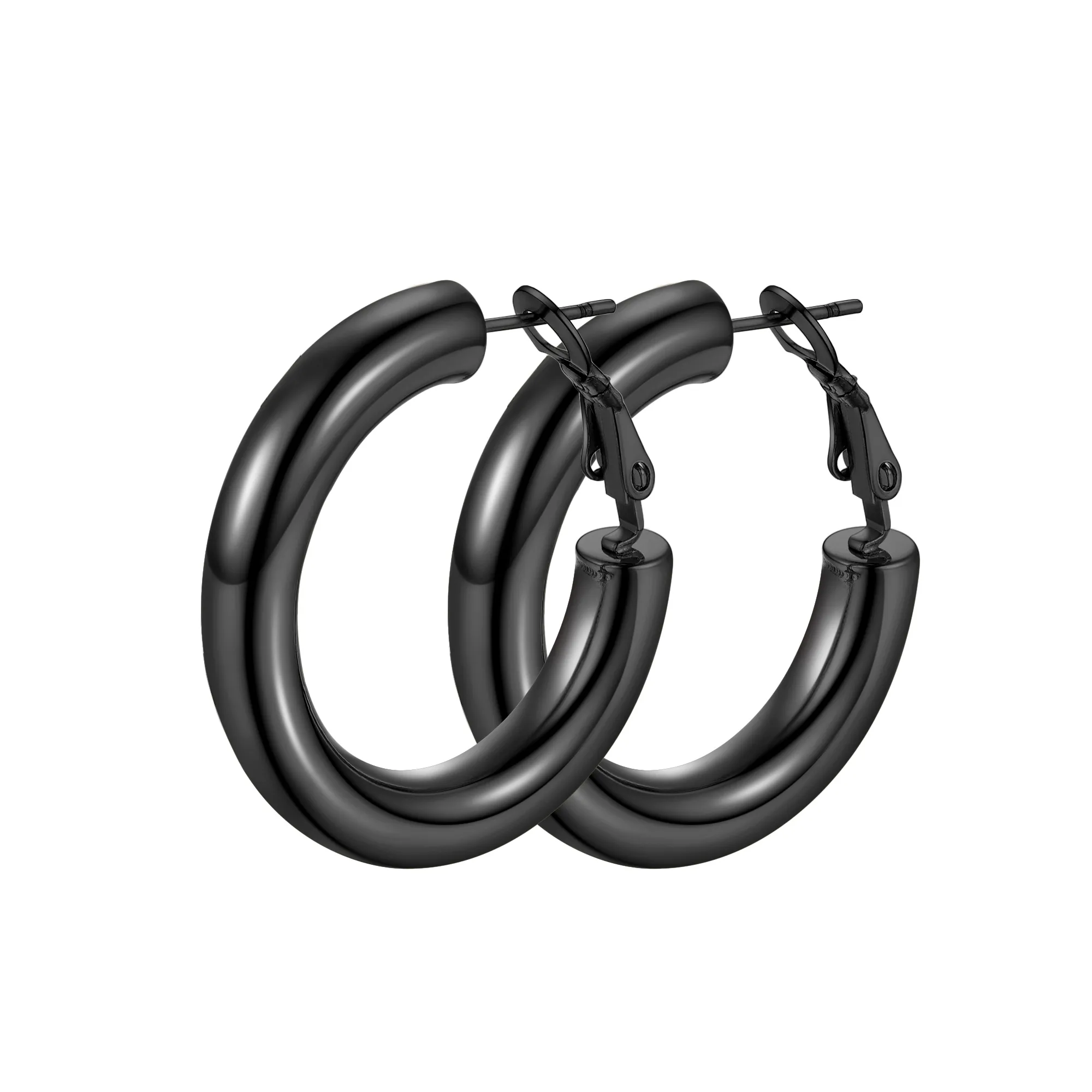Boucles d'Oreilles Créoles Chunky en Acier Inoxydable pour Femmes Noir 30mm