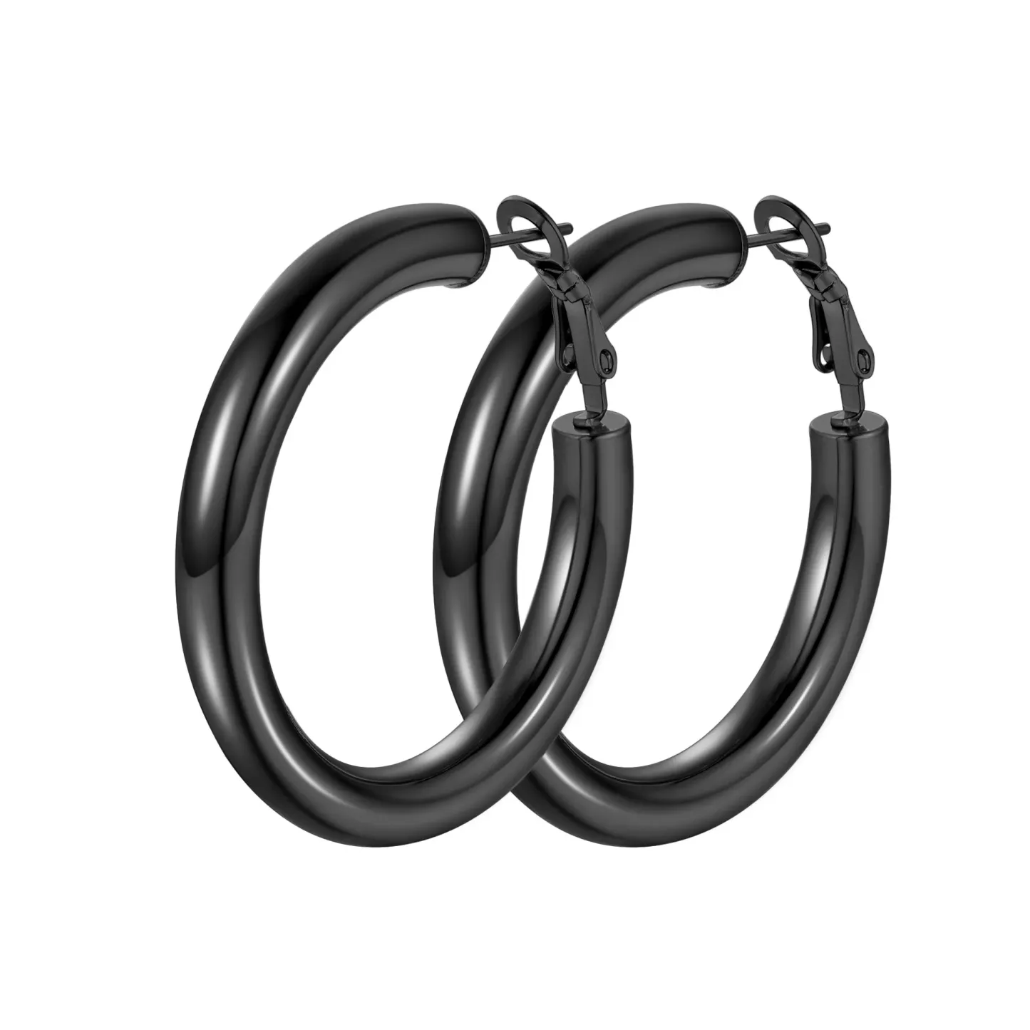 Boucles d'Oreilles Créoles Chunky en Acier Inoxydable pour Femmes Noir 40mm