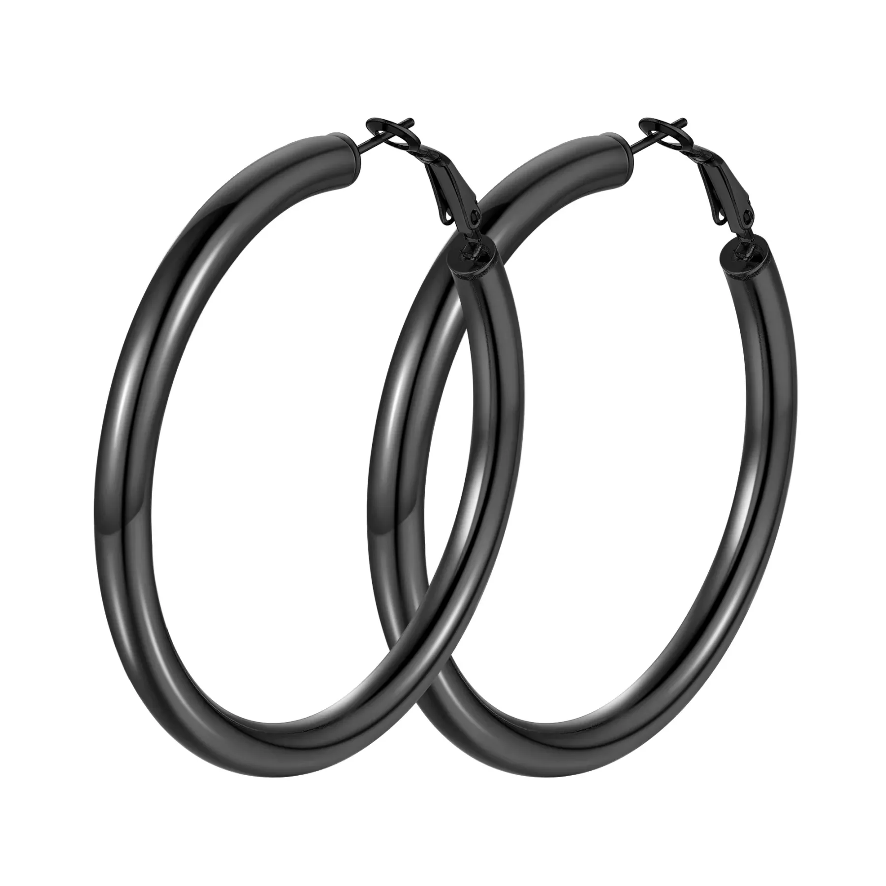 Boucles d'Oreilles Créoles Chunky en Acier Inoxydable pour Femmes Noir 60mm