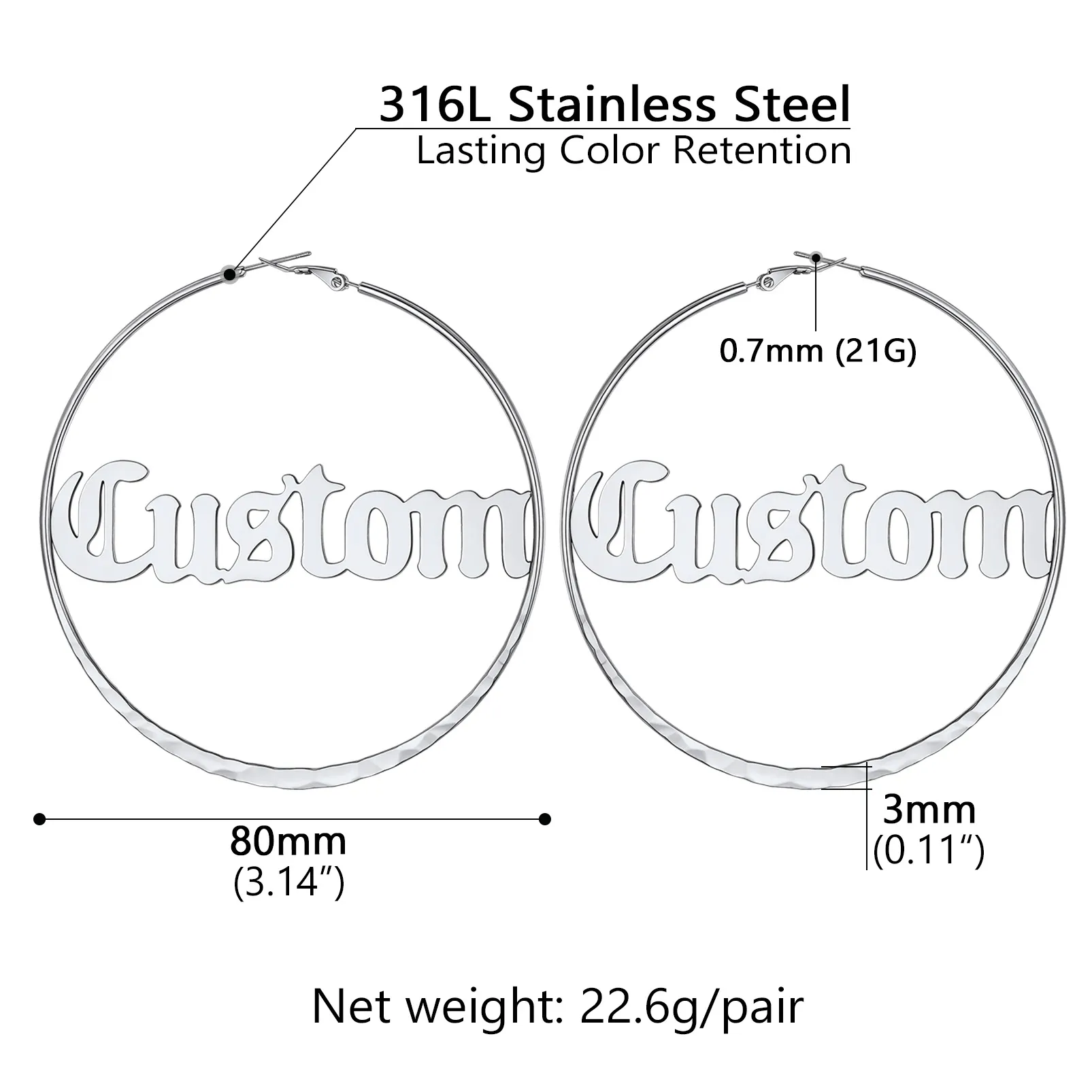Créoles Rondes Personnalisées avec Double Nom pour Femmes 30/40/60/80mm