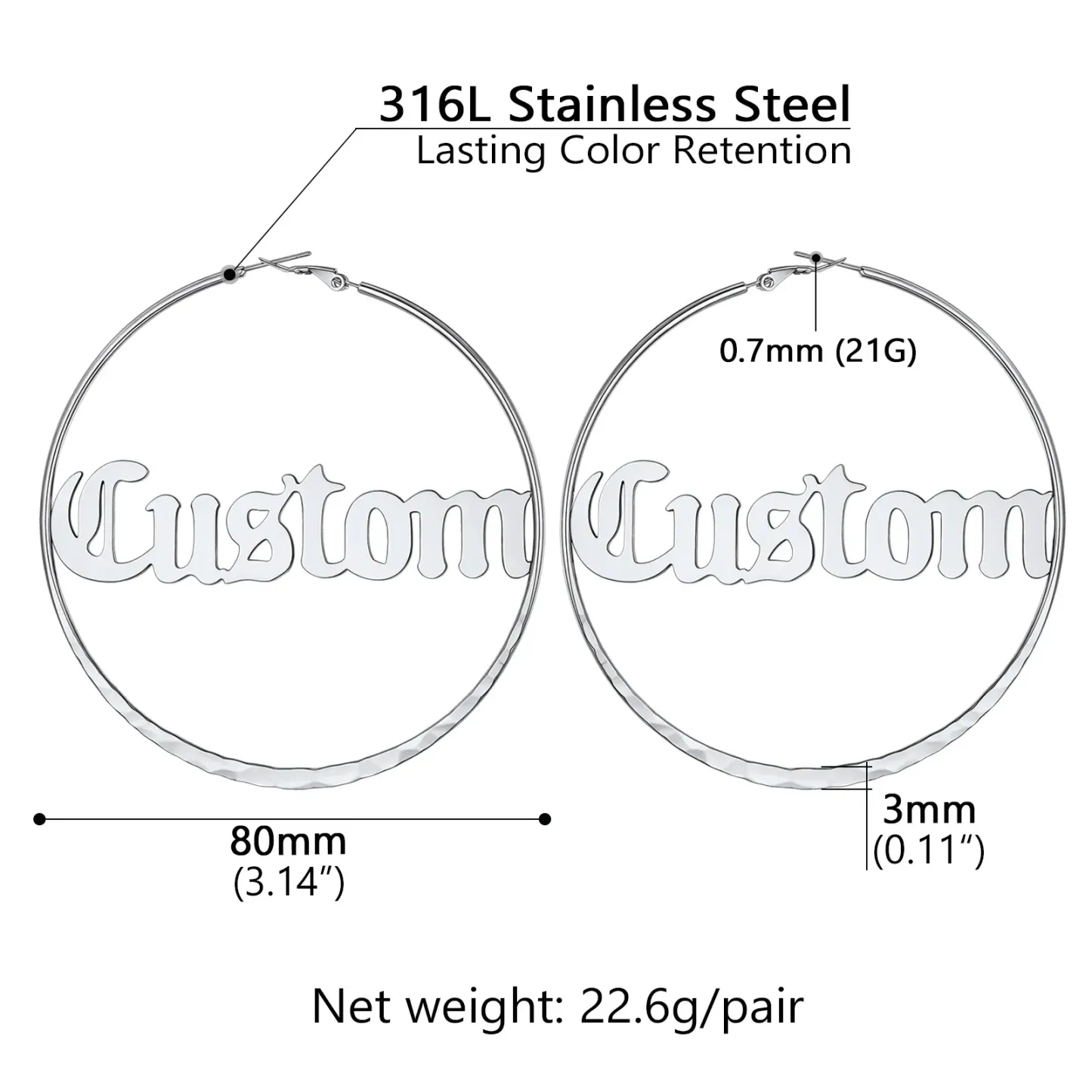 Créoles Rondes Personnalisées avec Double Nom pour Femmes 30/40/60/80mm