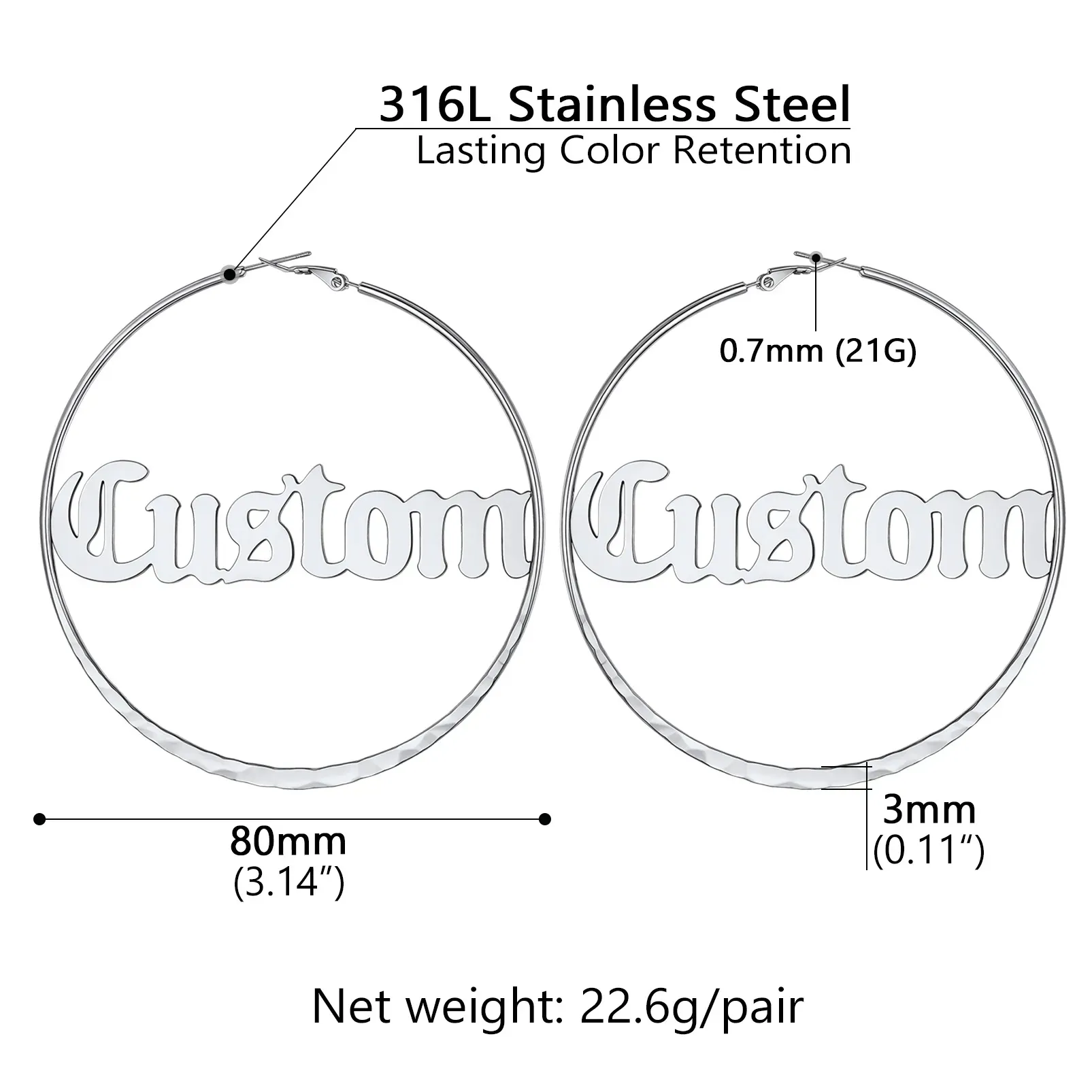 Créoles Rondes Personnalisées avec Double Nom pour Femmes 30/40/60/80mm