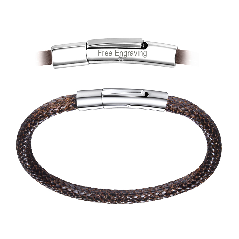 Bracelet en Cuir Tressé Personnalisé avec Fermoir Magnétique Marron Gravable